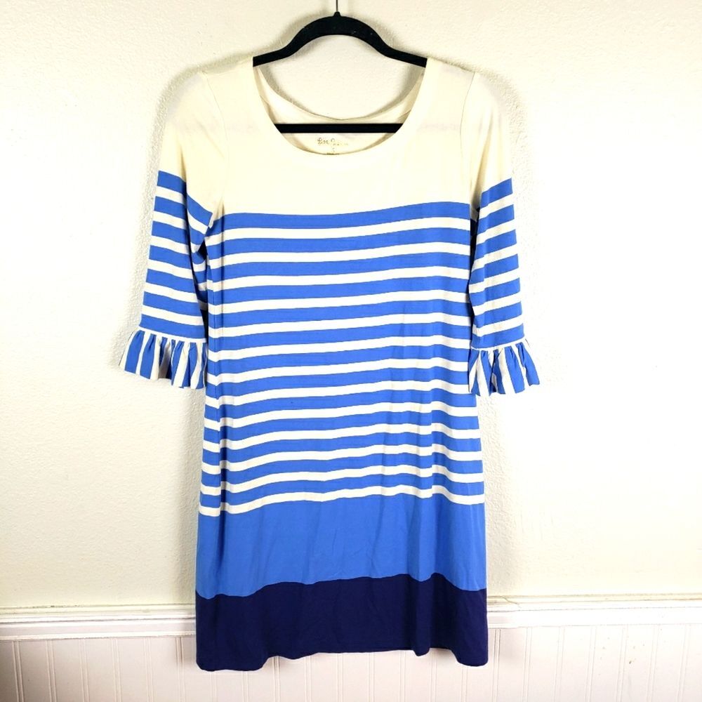 Lily Pulitzer color block blue white striped ruffled 3/4 sleeve short dress SM
